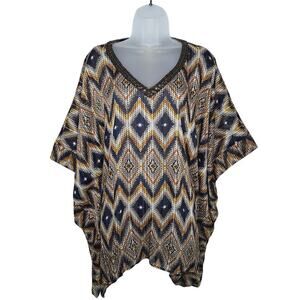 Chico's Diamond Print Poncho Shawl Beaded Sequin Sheer S/M Boho Top Flowy Topper